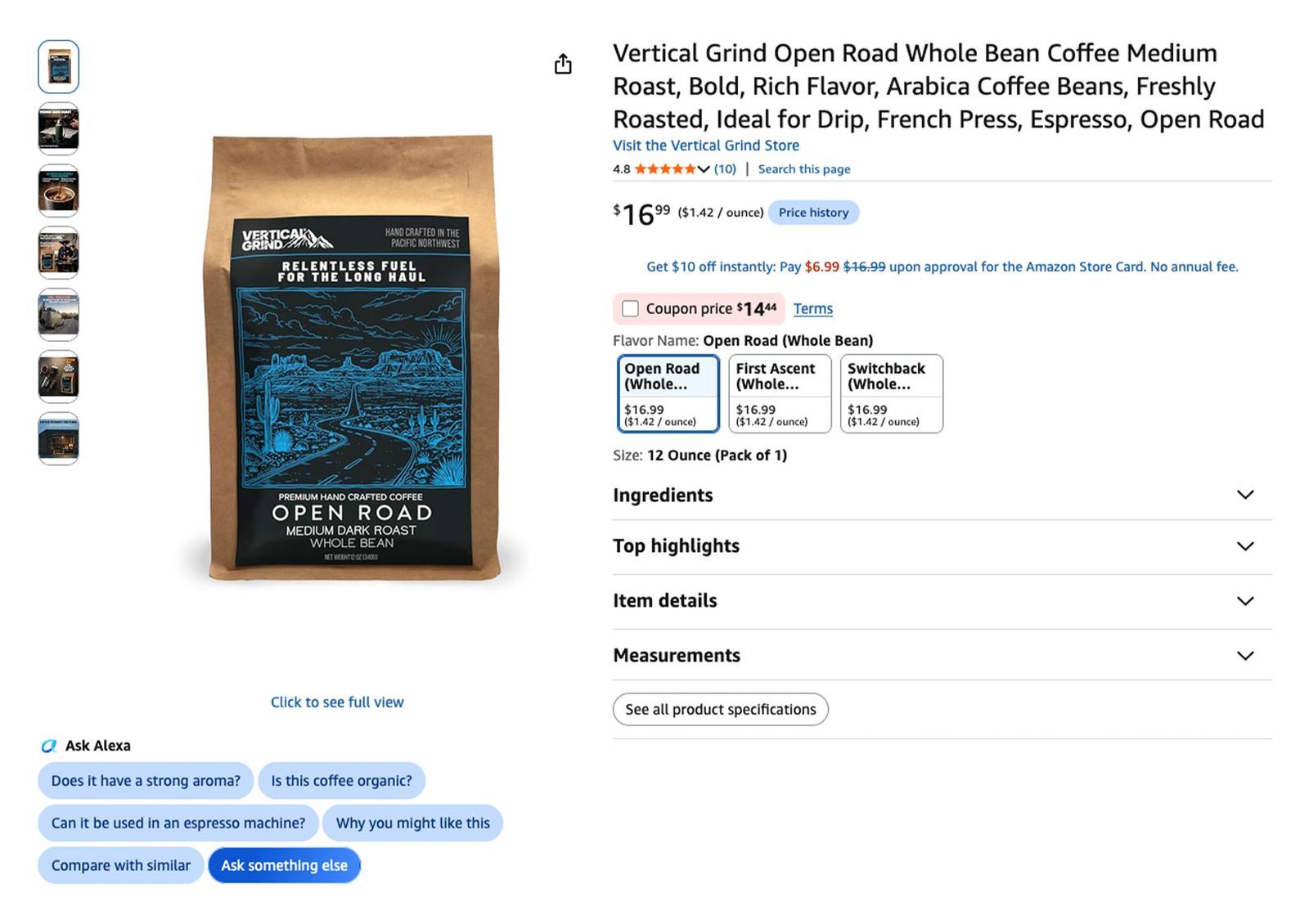 An Amazon product detail page for Vertical Grind Open Road coffee, showing the Ask Alexa panel beneath the product image with suggested questions such as Is this coffee organic and Can it be used in an espresso machine.